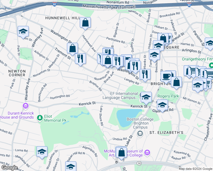 map of restaurants, bars, coffee shops, grocery stores, and more near 53 Brayton Road in Boston