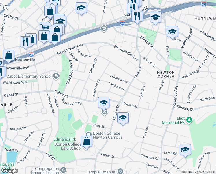 map of restaurants, bars, coffee shops, grocery stores, and more near 44 Concolor Avenue in Newton
