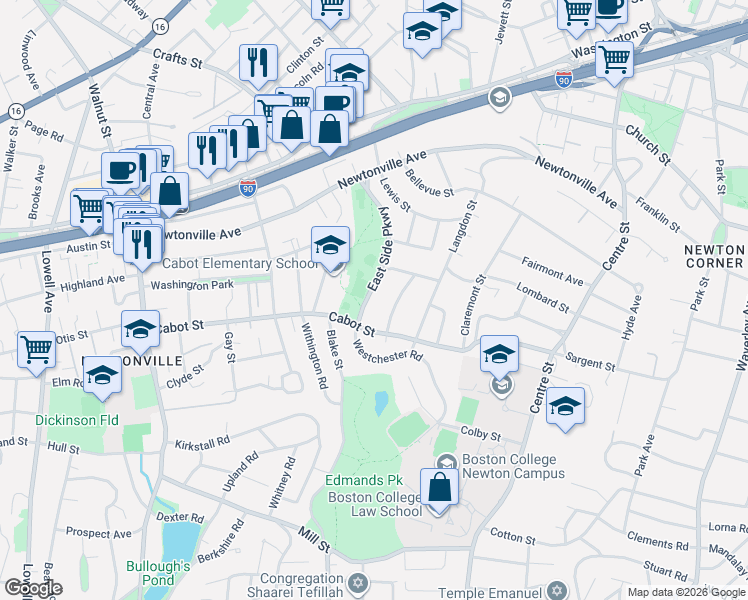 map of restaurants, bars, coffee shops, grocery stores, and more near 188 East Side Parkway in Newton