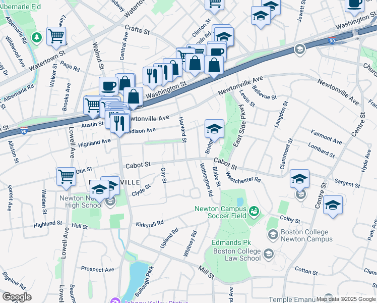 map of restaurants, bars, coffee shops, grocery stores, and more near 262 Cabot Street in Newton