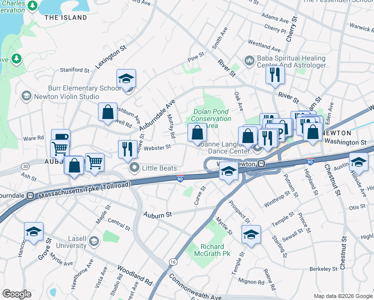 map of restaurants, bars, coffee shops, grocery stores, and more near 40B Crescent Street in Newton