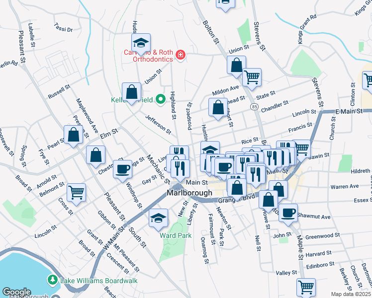 map of restaurants, bars, coffee shops, grocery stores, and more near 23 Central Street in Marlborough