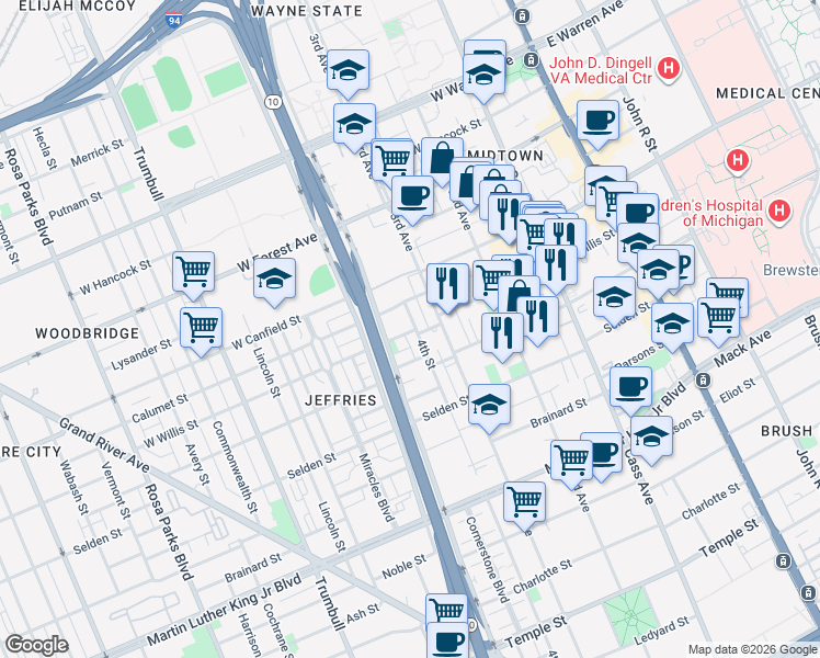 map of restaurants, bars, coffee shops, grocery stores, and more near 4105 4th Street in Detroit