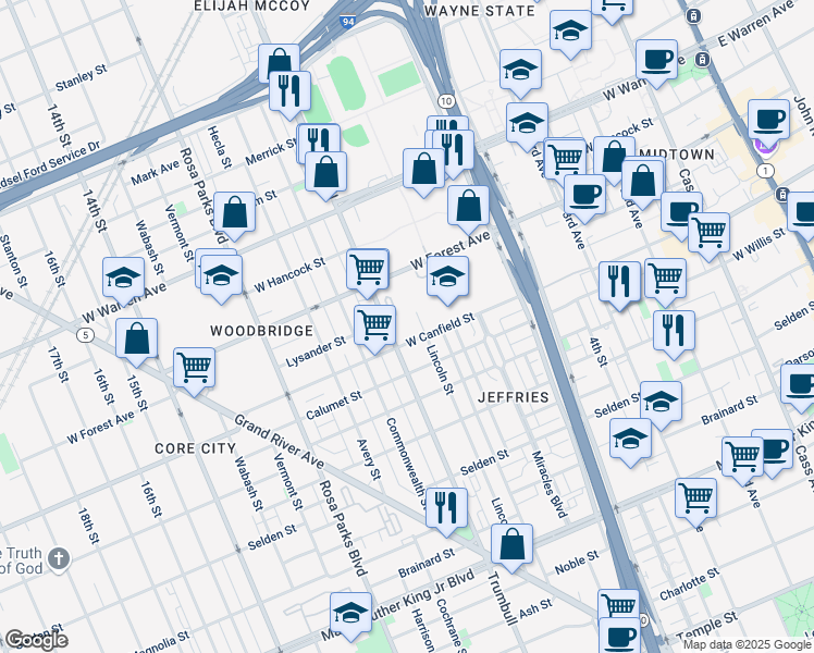 map of restaurants, bars, coffee shops, grocery stores, and more near 4344 Trumbull in Detroit