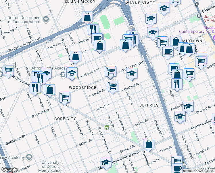 map of restaurants, bars, coffee shops, grocery stores, and more near 4420 Commonwealth Street in Detroit