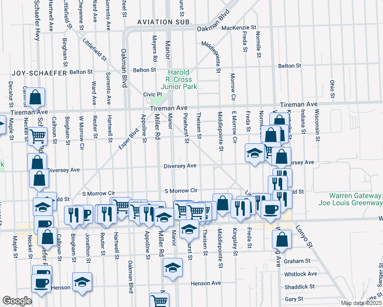 map of restaurants, bars, coffee shops, grocery stores, and more near 7600 Pinehurst Street in Dearborn