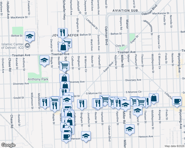 map of restaurants, bars, coffee shops, grocery stores, and more near 7601 Esper Boulevard in Dearborn