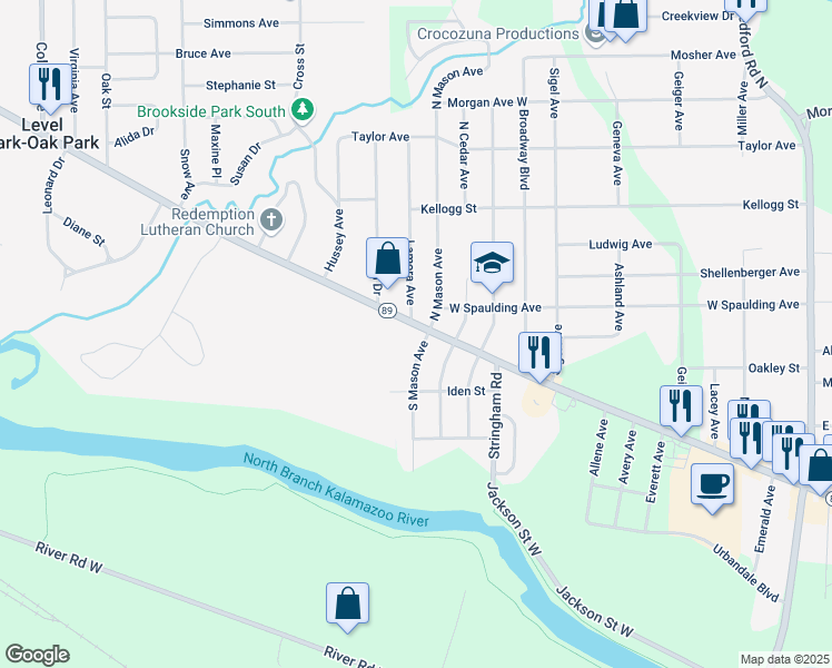 map of restaurants, bars, coffee shops, grocery stores, and more near 25 South Mason Avenue in Battle Creek