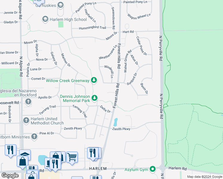 map of restaurants, bars, coffee shops, grocery stores, and more near 5155 Seaton Hall Drive in Machesney Park