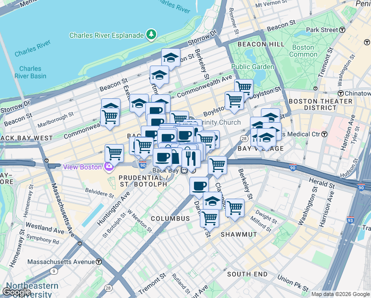 map of restaurants, bars, coffee shops, grocery stores, and more near 441 Stuart Street in Boston