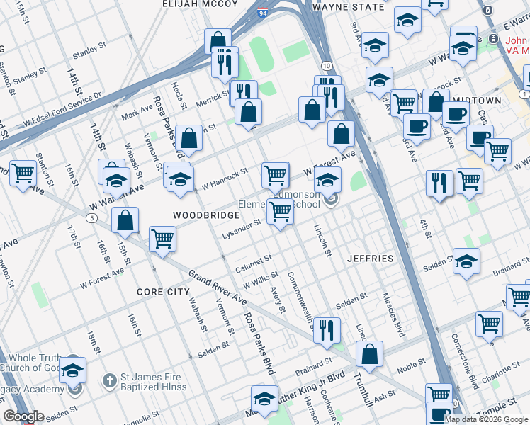 map of restaurants, bars, coffee shops, grocery stores, and more near 4420 Commonwealth Street in Detroit