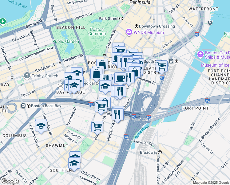 map of restaurants, bars, coffee shops, grocery stores, and more near 232 Harrison Avenue in Boston