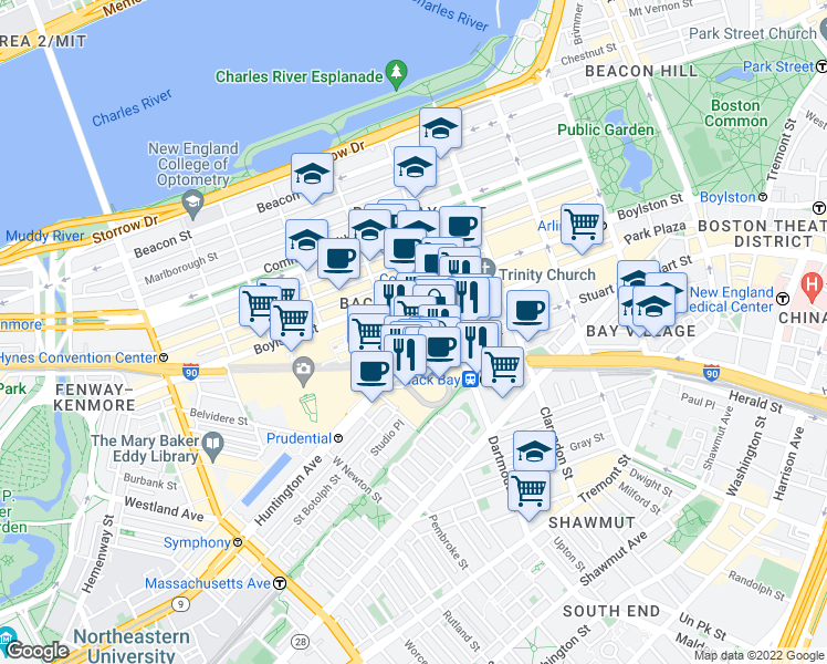 map of restaurants, bars, coffee shops, grocery stores, and more near 100 Huntington Avenue in Boston