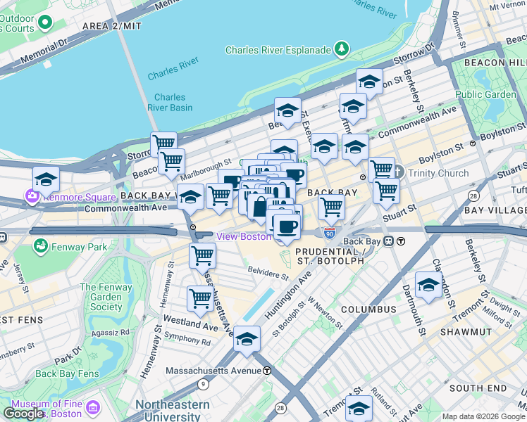 map of restaurants, bars, coffee shops, grocery stores, and more near 880 Boylston Street in Boston