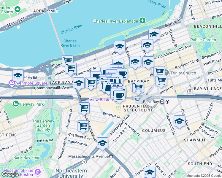 map of restaurants, bars, coffee shops, grocery stores, and more near 880 Boylston Street in Boston