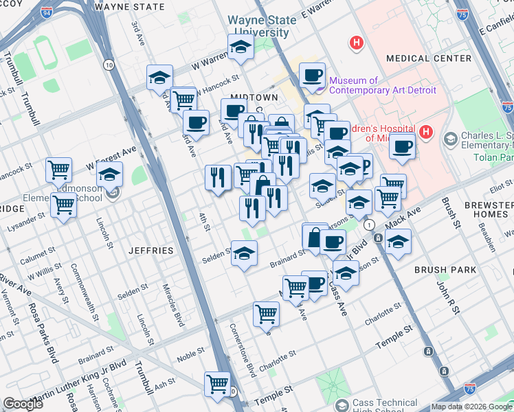 map of restaurants, bars, coffee shops, grocery stores, and more near 2nd Ave & Alexandrine St W in Detroit