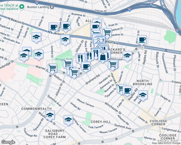 map of restaurants, bars, coffee shops, grocery stores, and more near 65 Brainerd Road in Boston