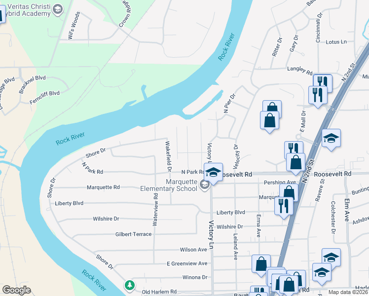 map of restaurants, bars, coffee shops, grocery stores, and more near 331 Northway Park Road in Machesney Park