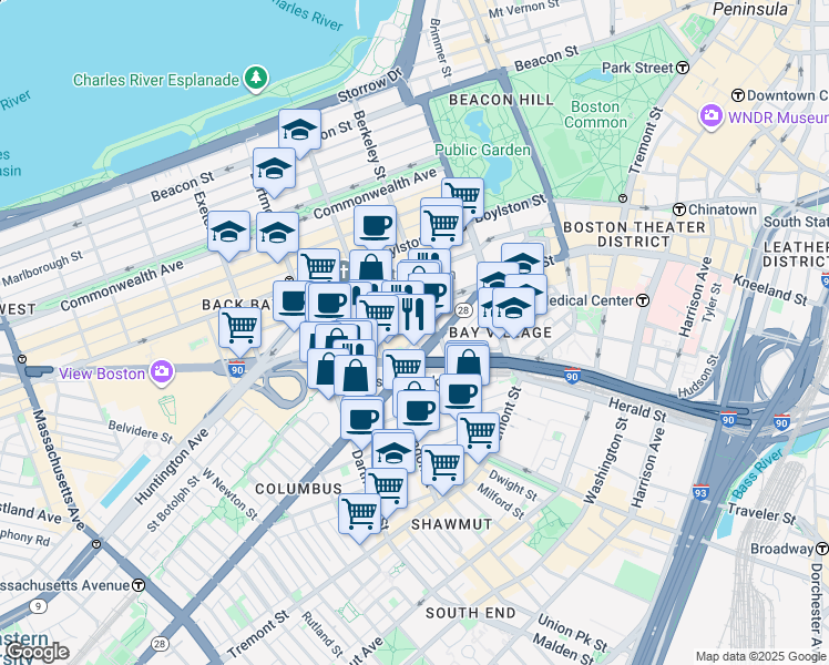 map of restaurants, bars, coffee shops, grocery stores, and more near 13-19 Stanhope Street in Boston
