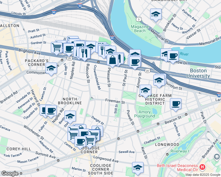 map of restaurants, bars, coffee shops, grocery stores, and more near 73 Thatcher Street in Brookline