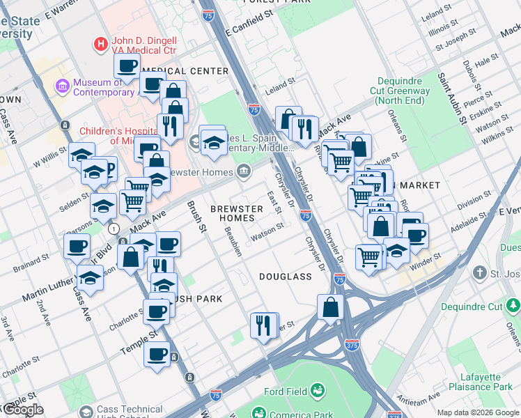 map of restaurants, bars, coffee shops, grocery stores, and more near 629 Benton Street in Detroit