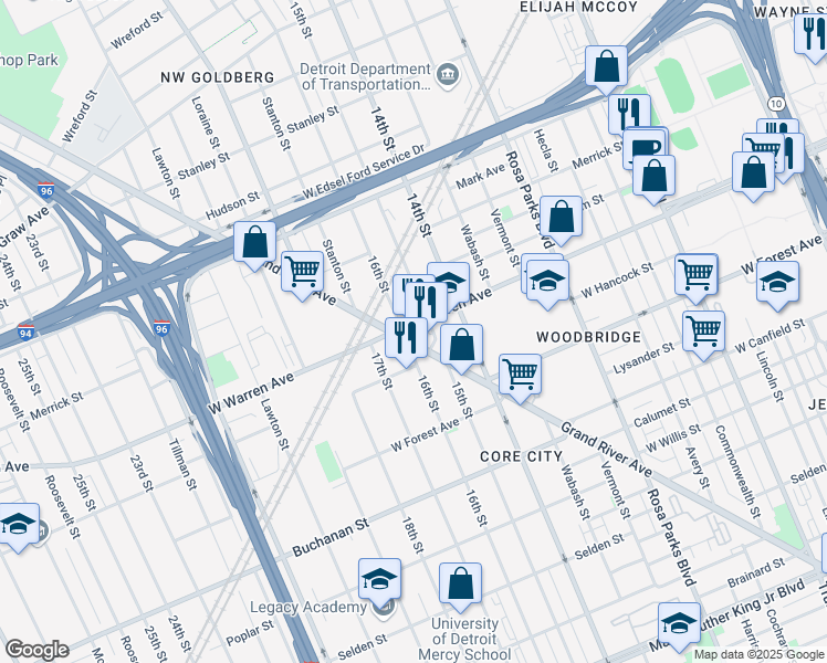 map of restaurants, bars, coffee shops, grocery stores, and more near 4831 Grand River Avenue in Detroit