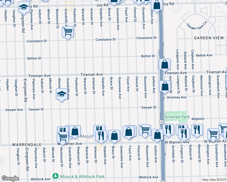 map of restaurants, bars, coffee shops, grocery stores, and more near 7722 Brace Street in Detroit