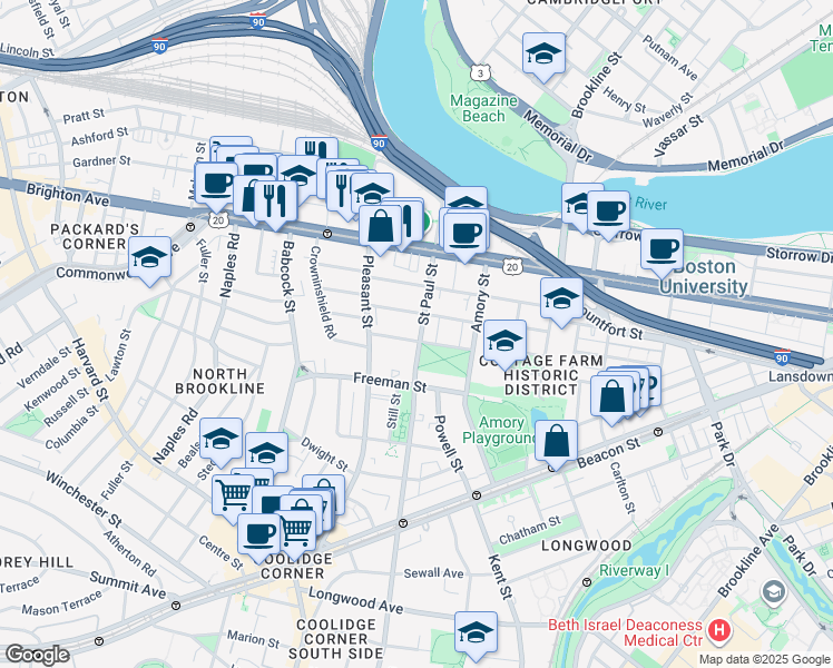 map of restaurants, bars, coffee shops, grocery stores, and more near in Brookline