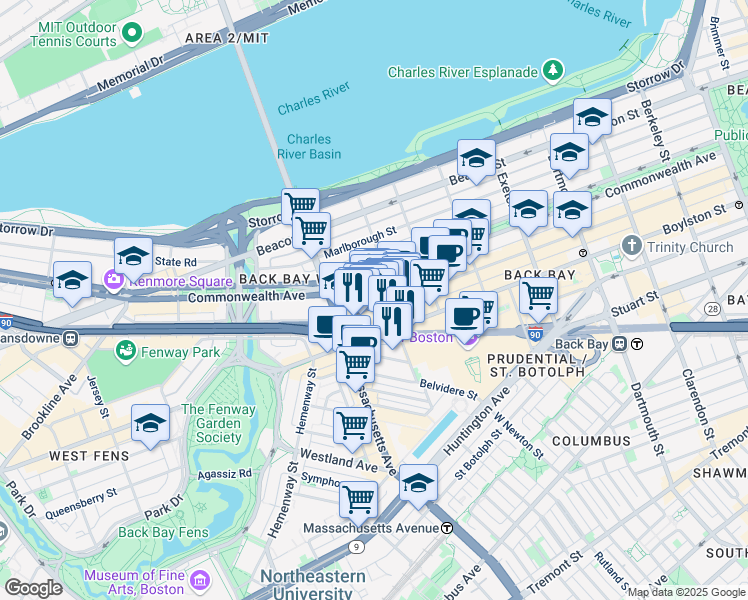 map of restaurants, bars, coffee shops, grocery stores, and more near 959 Boylston Street in Boston