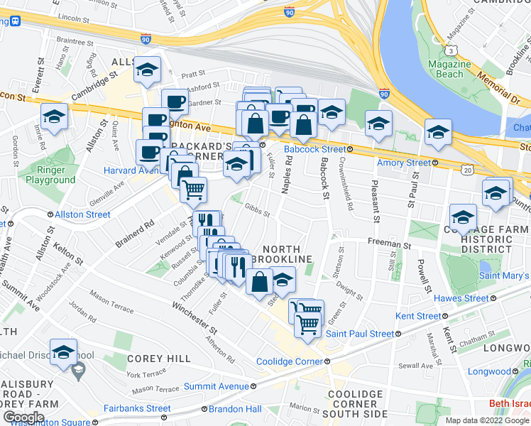 map of restaurants, bars, coffee shops, grocery stores, and more near Fuller Street & Gibbs Street in Brookline