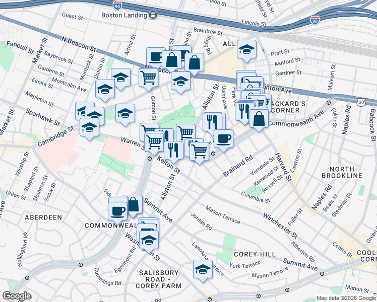 map of restaurants, bars, coffee shops, grocery stores, and more near 1379 Commonwealth Avenue in Allston