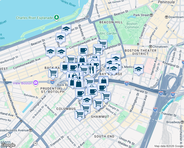 map of restaurants, bars, coffee shops, grocery stores, and more near 13-19 Stanhope Street in Boston