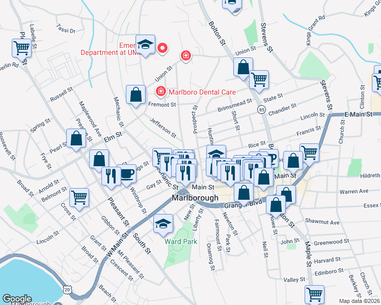 map of restaurants, bars, coffee shops, grocery stores, and more near 272 Lincoln Street in Marlborough