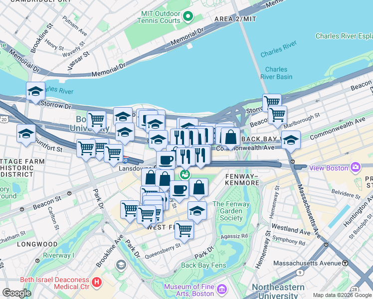 map of restaurants, bars, coffee shops, grocery stores, and more near Commonwealth Ave & Brookline Ave in Boston