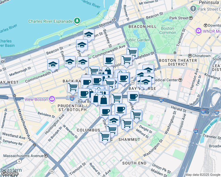 map of restaurants, bars, coffee shops, grocery stores, and more near 135 Clarendon Street in Boston