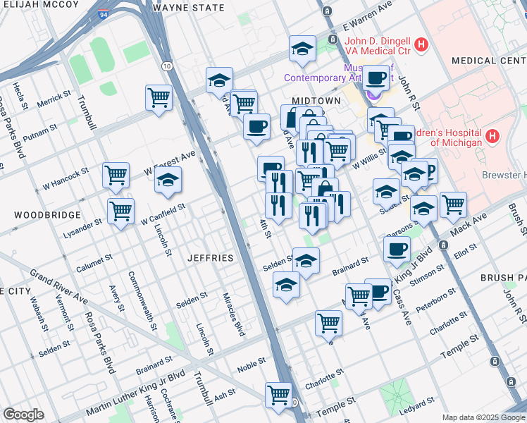 map of restaurants, bars, coffee shops, grocery stores, and more near 828 West Willis Street in Detroit