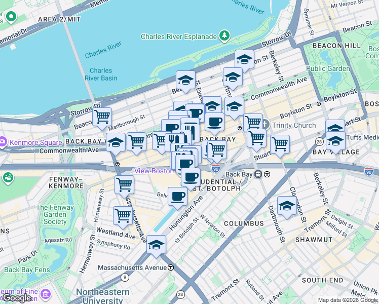 map of restaurants, bars, coffee shops, grocery stores, and more near 778 Boylston Street in Boston