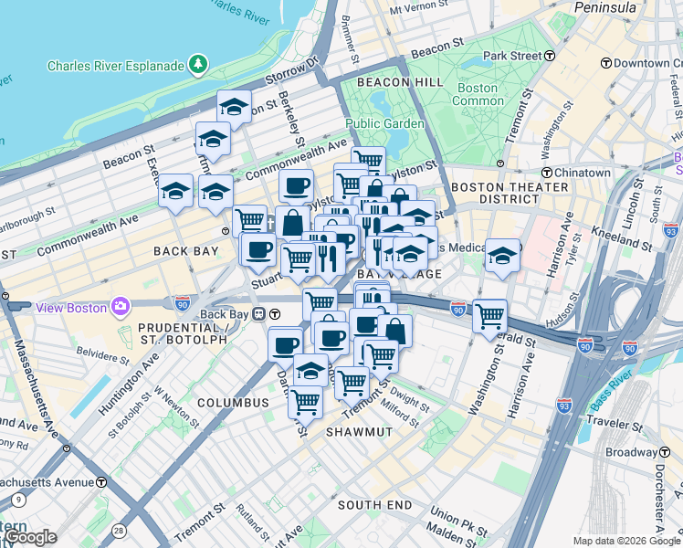 map of restaurants, bars, coffee shops, grocery stores, and more near 130 Berkeley Street in Boston