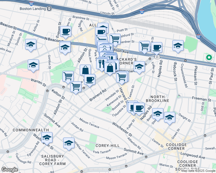 map of restaurants, bars, coffee shops, grocery stores, and more near 1254 Commonwealth Avenue in Boston