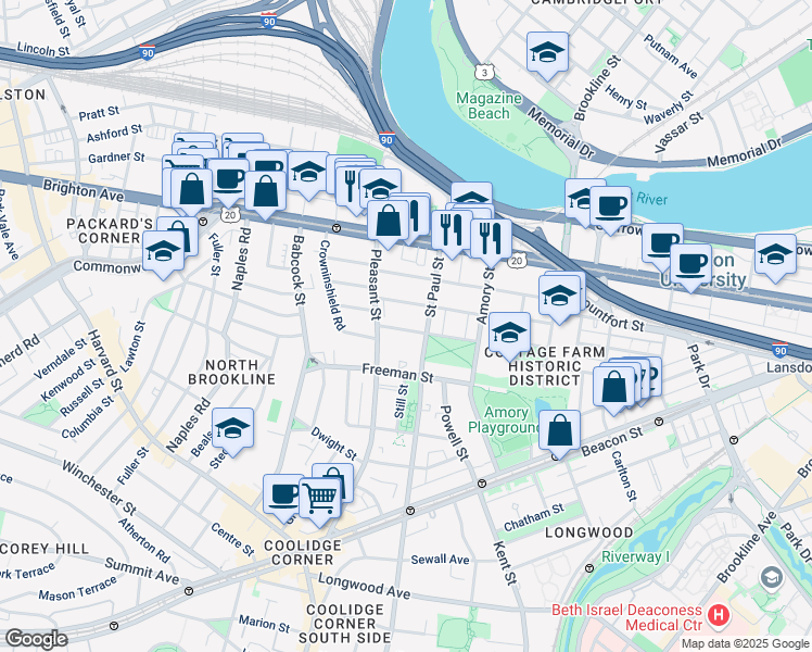 map of restaurants, bars, coffee shops, grocery stores, and more near 49 Egmont Street in Brookline