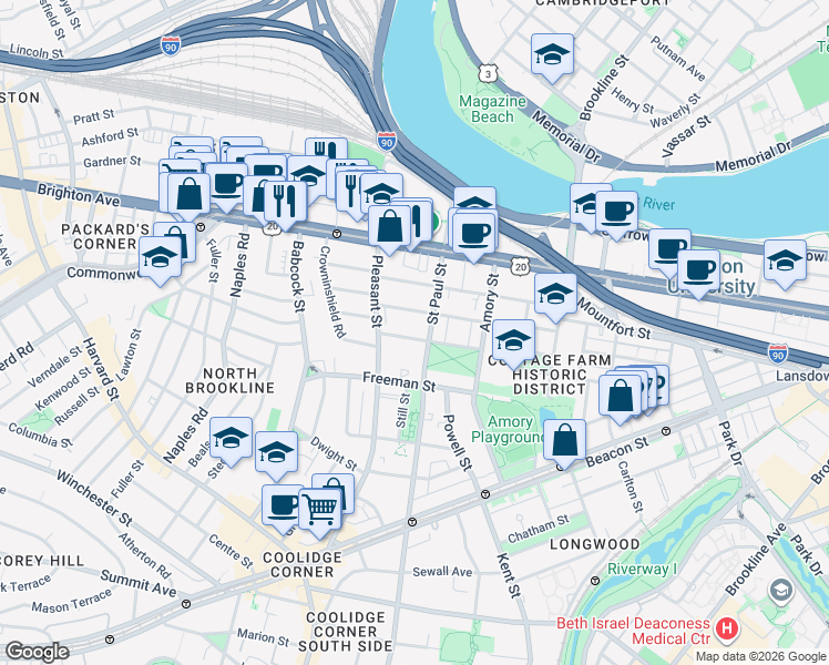 map of restaurants, bars, coffee shops, grocery stores, and more near 49 Egmont Street in Brookline