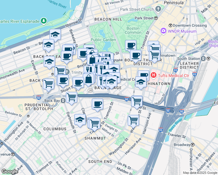 map of restaurants, bars, coffee shops, grocery stores, and more near 140 Arlington Street in Boston