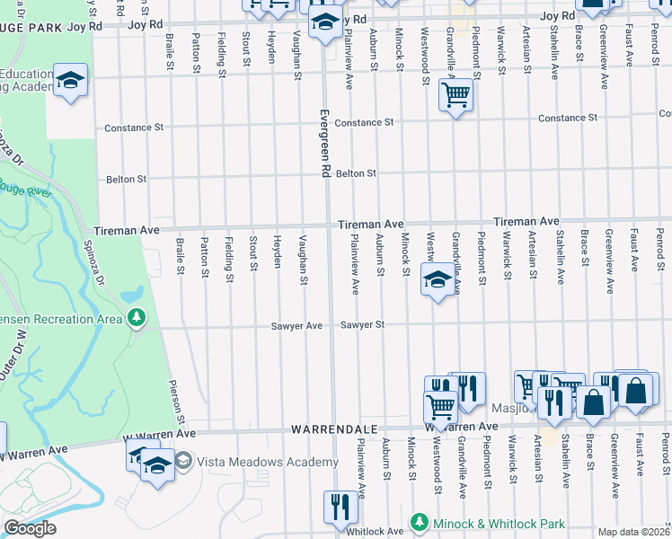 map of restaurants, bars, coffee shops, grocery stores, and more near 7740 Evergreen Road in Detroit