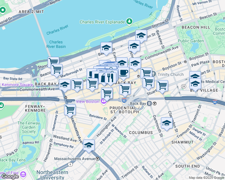 map of restaurants, bars, coffee shops, grocery stores, and more near 219 Newbury Street in Boston
