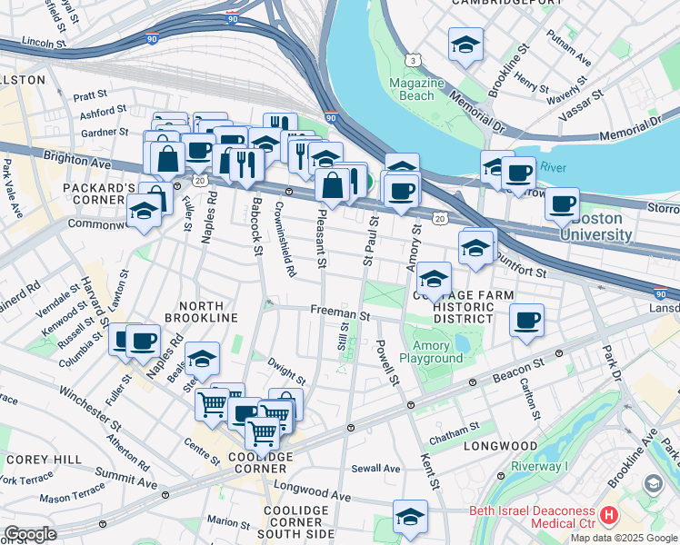 map of restaurants, bars, coffee shops, grocery stores, and more near 76 Egmont Street in Brookline