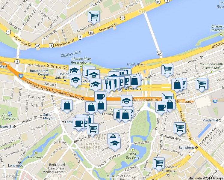 map of restaurants, bars, coffee shops, grocery stores, and more near Massachusetts 2 & Brookline Avenue in Boston