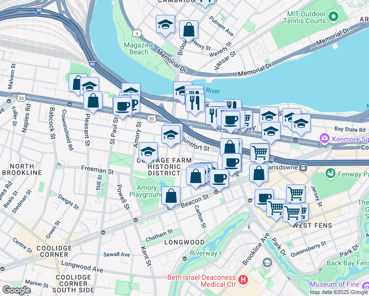 map of restaurants, bars, coffee shops, grocery stores, and more near 10 Lenox Street in Brookline