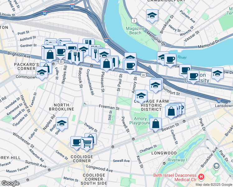 map of restaurants, bars, coffee shops, grocery stores, and more near 49 Egmont Street in Brookline