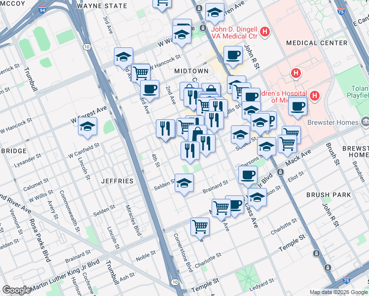map of restaurants, bars, coffee shops, grocery stores, and more near 624 West Alexandrine Street in Detroit