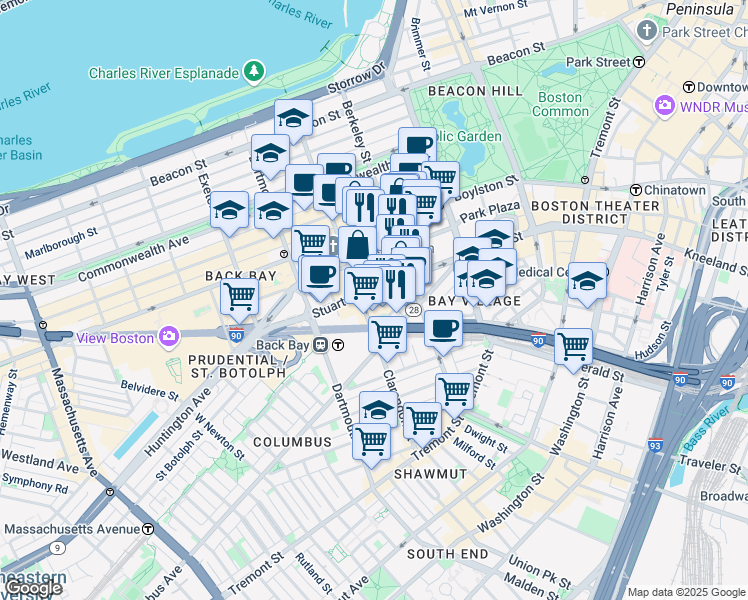 map of restaurants, bars, coffee shops, grocery stores, and more near 385 Stuart Street in Boston